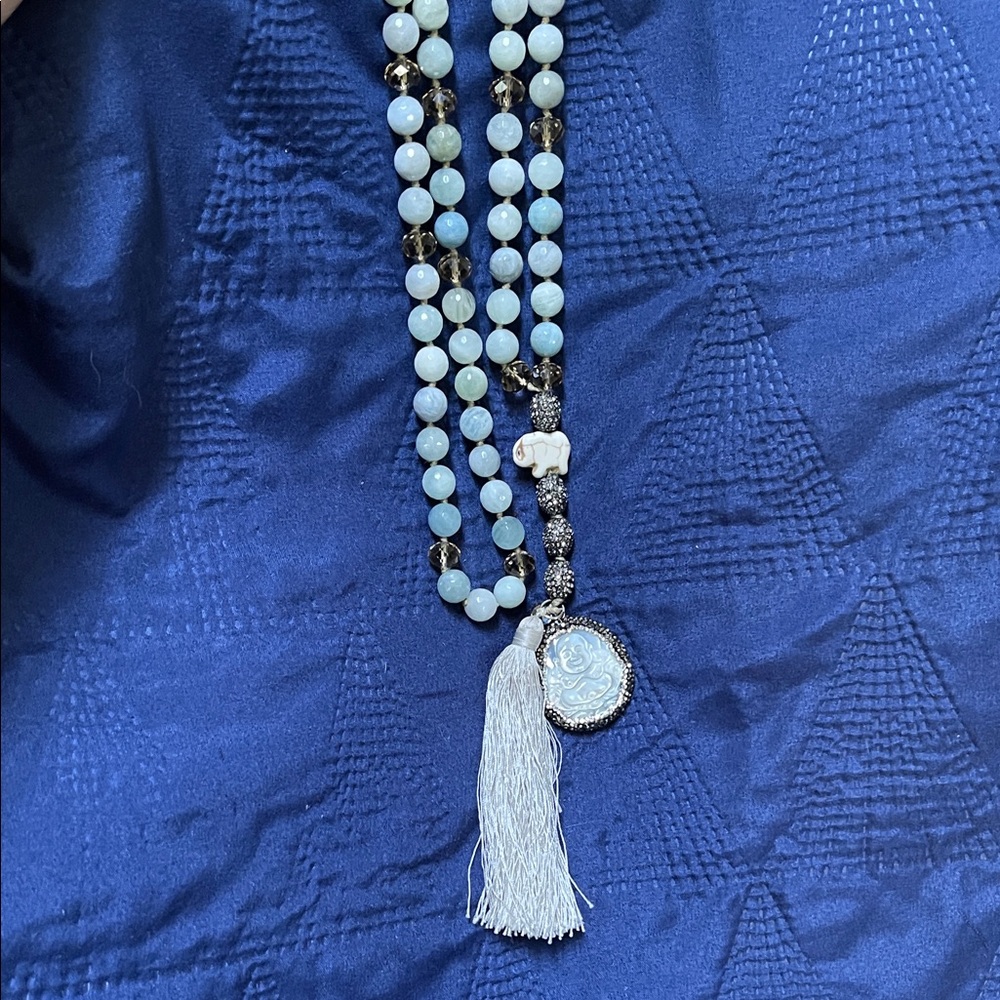 Elegant Blue Chalcedony Beaded Necklace with Tassel and Mother of Pearl Pendant